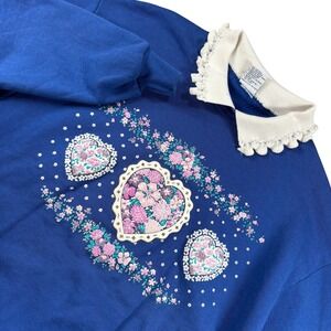 VTG Cottagecore Sweatshirt Blue Floral Heart Lace Collar Grannycore 80s 90s